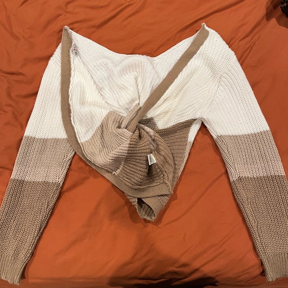 Cream and Tan Off-the-Shoulder Sweater with Knotted Detail